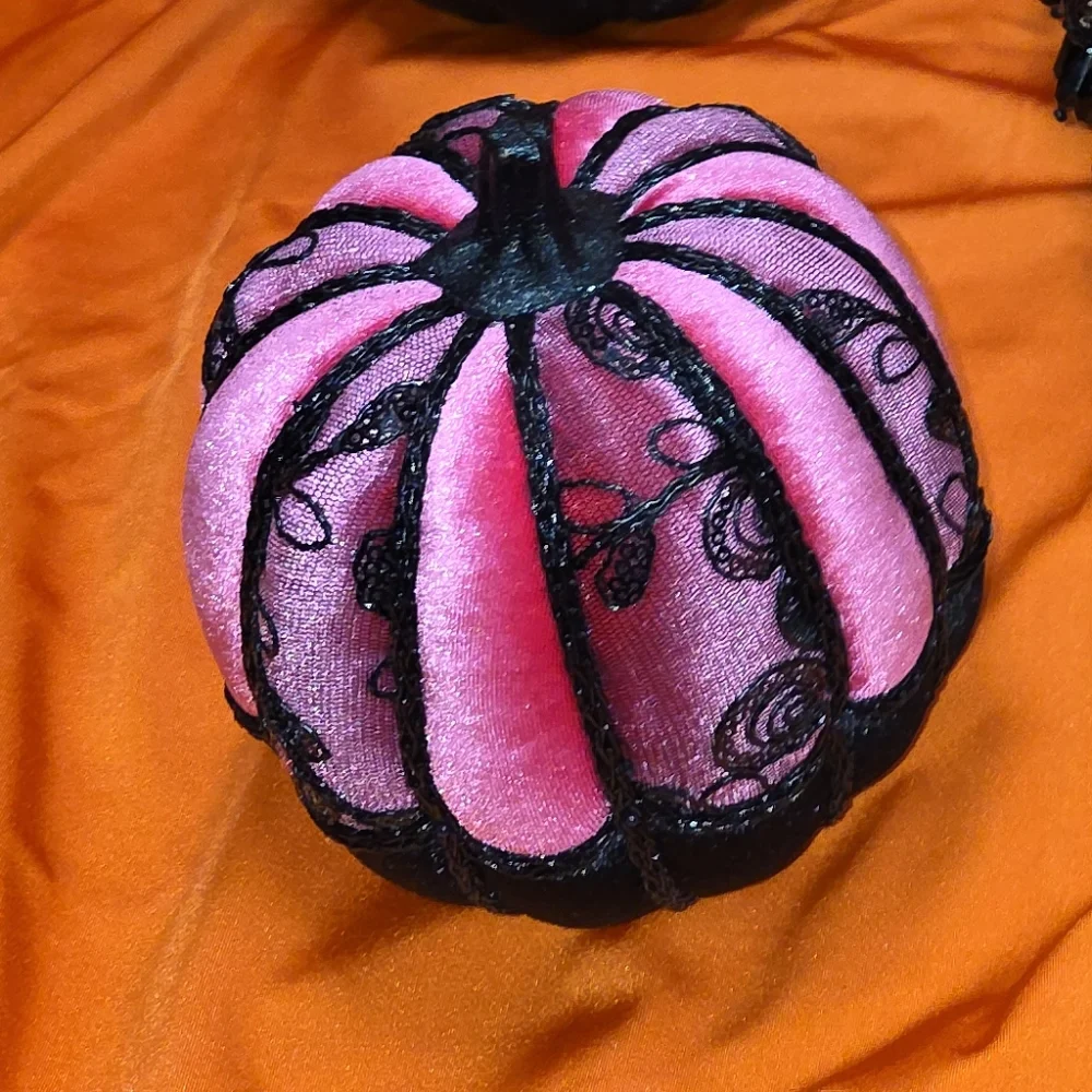 Glam Velvet Pumpkin, Hot Pink w/Black Velvet‎ Pumpkins, Black Lace, Cording